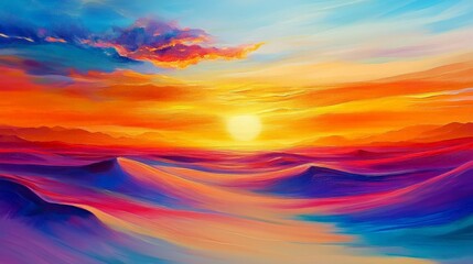 Visualize the serene beauty of a desert sunset with the sun casting long shadows and vibrant colors across the endless sea of sand, creating a tranquil scene