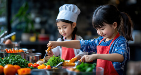 Two young girls joyfully cooking together in a bright kitchen, fostering creativity and skills in culinary arts.