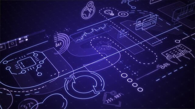Animation of 3D blueprint of business workflows.