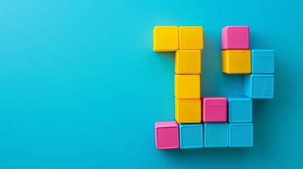 Colorful Cubes Arranged in an Abstract Pattern on a Blue Background