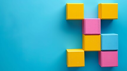 Colorful Wooden Blocks Arranged on a Blue Background