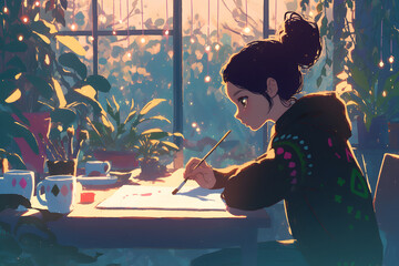 Artist Girl painting at a wooden desk with a cup of tea, surrounded by plants and fairy lights. Anime style, Cozy vibes