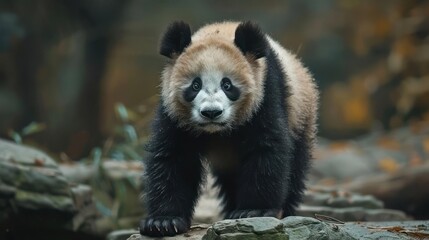 Fototapeta premium A small, adorable panda cub is exploring the woods, with trees and rocks forming a scenic backdrop.