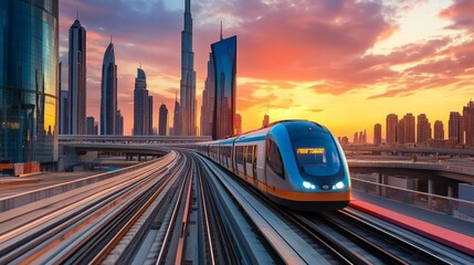 Dubai cityscape, modern metro railway with skyscrapers, sunset. Traffic, Museum of Future with urban skyline background of city UAE