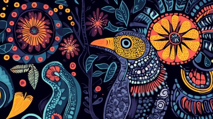 Obraz premium A collection of indigenous art pieces inspired by nature, featuring motifs and symbols representing the flora and fauna of native lands.