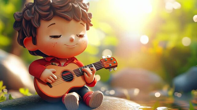 cute cartoon character game playing guitar Video 4K