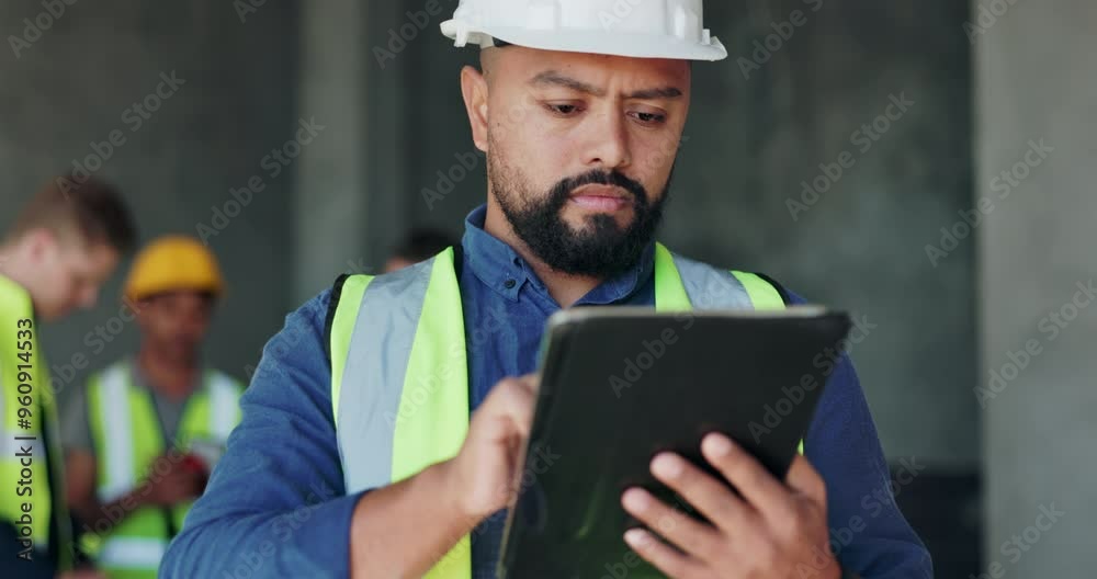 Poster industrial, tablet and engineering with man on construction site for project management, property de