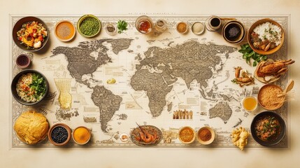 A culinary map highlighting traditional dishes from countries across the globe, with detailed visuals of ingredients and presentation styles from each region.