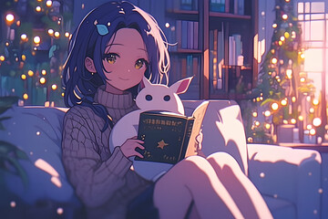 Cozy Girl immersed in a book on a comfortable couch with a cup of tea and fairy lights in the background. Anime style, Cozy vibes