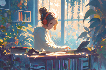Girl enjoying music on vinyl records with a record player surrounded by plants and string lights. Anime style, Cozy vibes