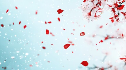 Delicate Cherry Blossom Petals Falling on a Blue Background