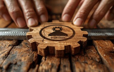 Hand Setting Loading Screen Progress Bar with Gear Icon on Wooden Block Showing Growth and Improvement