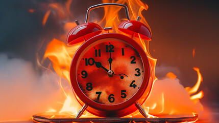 Burning red alarm clock surrounded by flames, urgency and time management concept, intense fire illustration, deadline pressure, countdown timer, hot blazing clock, dramatic visual art