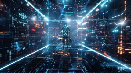 Digital Realm: A Humanoid Figure Navigates a Futuristic Cyberspace