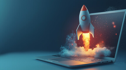 Rocket launching from laptop screen with clouds of smoke, futuristic technology concept, innovation in digital startups, business growth, creative marketing idea, successful project launch