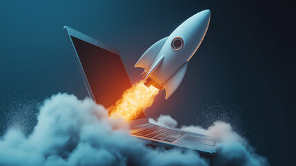 Rocket launching from laptop screen with clouds of smoke, futuristic technology concept, innovation in digital startups, business growth, creative marketing idea, successful project launch