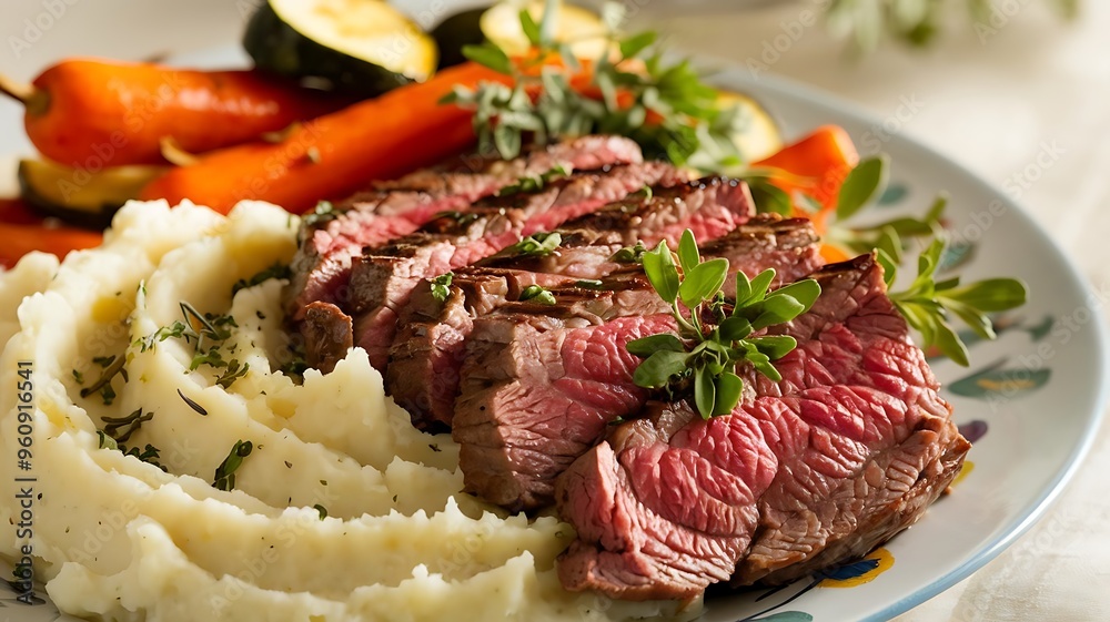 Wall mural a plate of meat with a side of mashed potatoes and vegetables. the meat is cooked and seasoned perfe