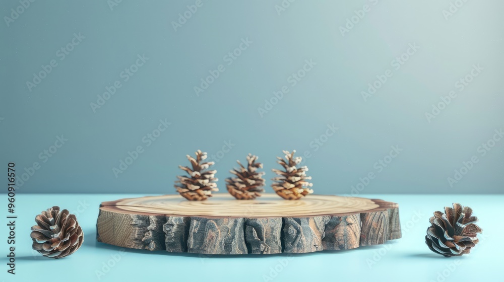 Poster Wood podium with pinecones on blue backdrop for product showcase, sale, presentation. Wood stand empty.