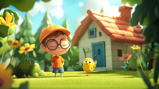 cute cartoon character playing with animals Video 4K