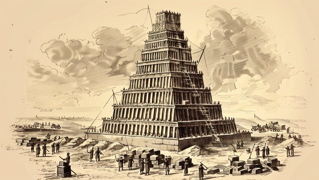 Hand-drawn illustration of the biblical Tower of Babel, depicting the construction scene with workers and a cloudy sky.