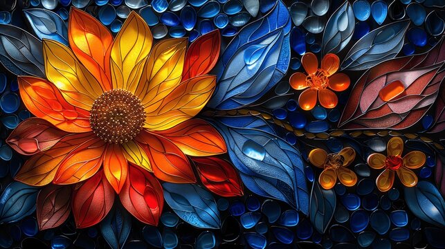 Stained Glass Rainbow Flower in Frank Bour Style with Meticulous Design and Dark Background