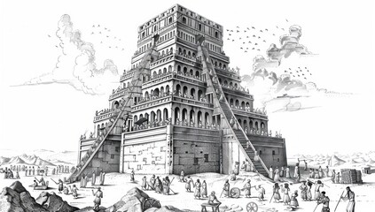 Hand-drawn illustration of the biblical Tower of Babel, depicting the construction scene with workers and a cloudy sky.