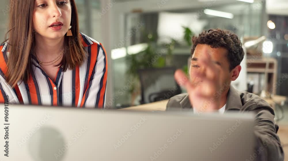 Poster Computer, talk and business people in office with data entry clerk support with mentor. Teamwork, professional and database review with update and administration of digital files at desk with email