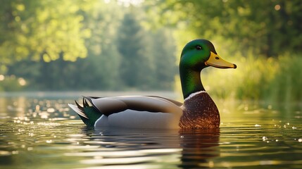 Obraz premium Ultrarealistic Duck Gracefully Swimming in Serene Lake Surrounded by Lush Greenery. Wildlife and Nature Aesthetics.