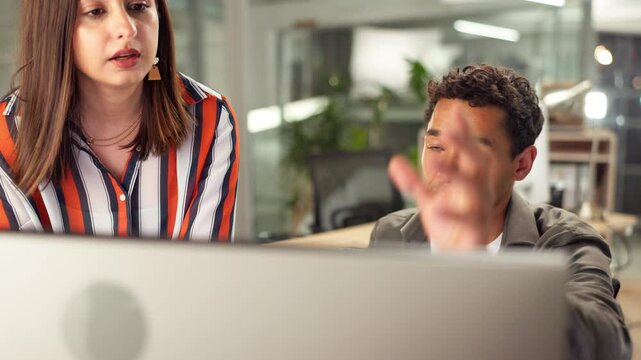 Computer, talk and business people in office with data entry clerk support with mentor. Teamwork, professional and database review with update and administration of digital files at desk with email