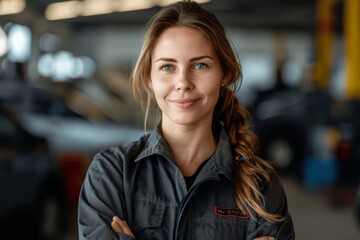 Female mechanic in uniform smiling in auto repair shop, professional woman, small business owner, car service, posing, high detail, real photography