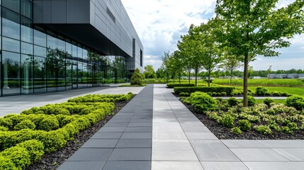 Modern Office Building with Landscaping and Walkway