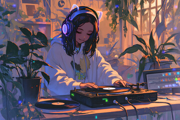 Girl enjoying music on vinyl records with a record player surrounded by plants and string lights. Anime style, Cozy vibes
