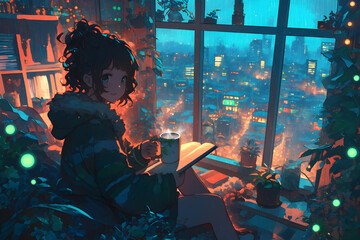 Cozy Girl sipping tea and reading a book in a rainy room corner with fairy lights. Anime style, Cozy vibes