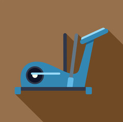 Blue modern elliptical trainer with long shadow on brown background, side view