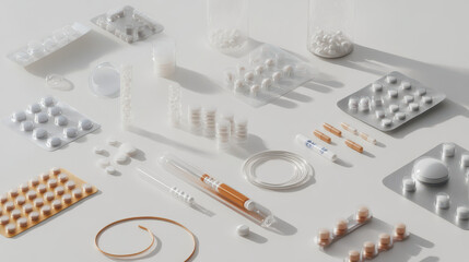 3D render of various birth control methods, including pills, rings, and implants, arranged