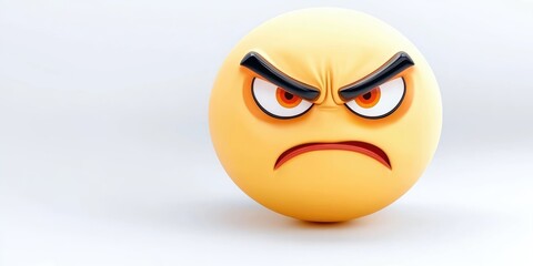 An expressive yellow emoji ball with fierce eyebrows and piercing eyes exuding anger, set against a minimalistic white background, perfect for conveying strong emotions and reactions