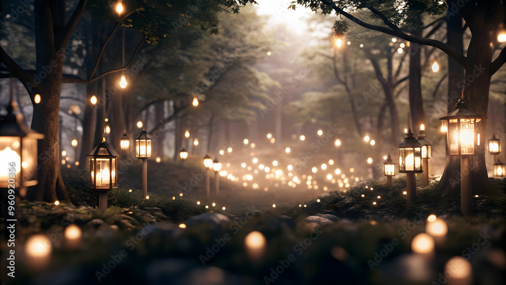 Wall mural Mystical Forest Clearing Illuminated by Lanterns for Mid Autumn Festival - Serene and Enchanting Scene with Soft Light Filtering Through Trees, Capturing Magical Setting. Wide Shot Focus on Clearing a