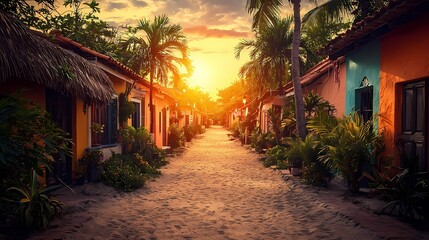 Charming tropical pathway at sunset with colorful houses and palm trees.