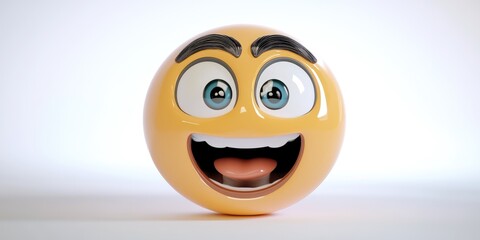 Fototapeta premium A joyful emoji with bright eyes and a big smile stands out against a clean, minimalist background, showcasing a sense of happiness and playfulness