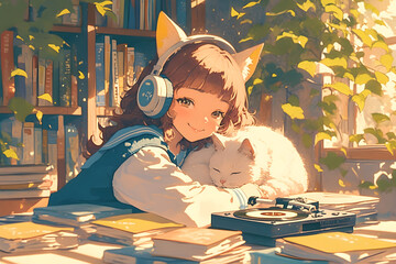 Vintage Girl listening to vinyl records with a sleeping cat and a pile of books. Anime style, Cozy vibes