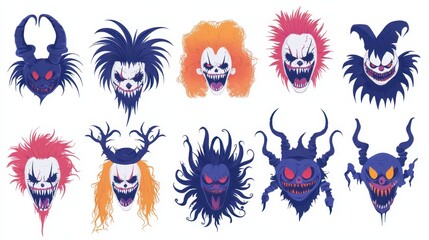 Halloween Scary Clown and Demon Faces Set  Cartoon Illustration
