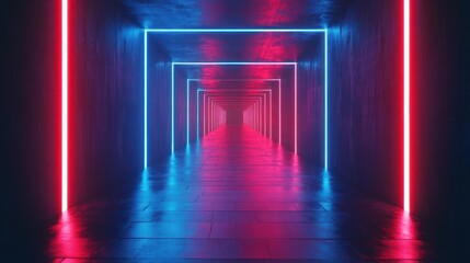 An illuminated tunnel with blue and pink neon lights