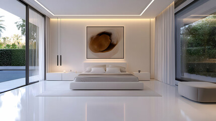 Modern minimalist bed in a sleek, white room with matching furniture and soft ambient lighting, large abstract artwork hanging above the bed, and a floor-to-ceiling window overlooking a peaceful