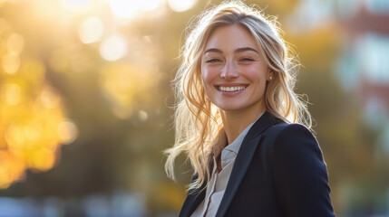 Obraz premium A blonde businesswoman, smiling warmly, as she walks away from her job, feeling satisfied