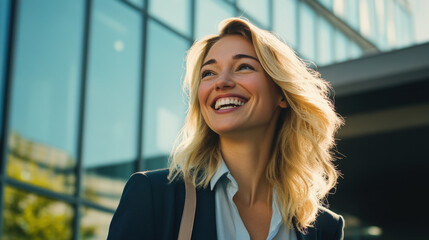 Fototapeta premium A blonde businesswoman, smiling with relief, as she leaves her job for the last time, feeling