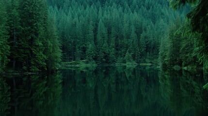 Tranquil Evergreen Forest Reflection in Still Water
