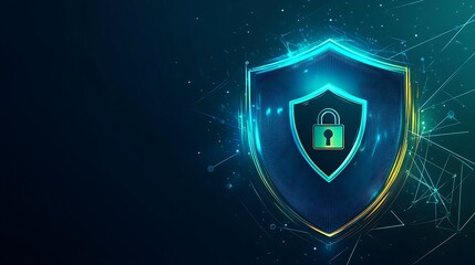 Fototapeta premium Modern digital shield with a glowing lock symbol at the center, floating over a dark background with soft blue and green neon light accents.
