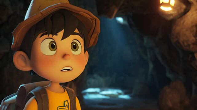 cartoon character exploring a cave Video 4K