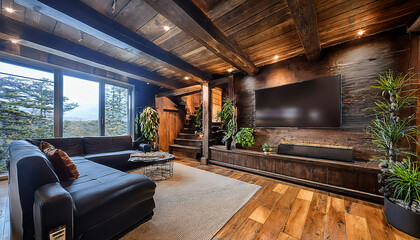 Beautifully renovated basement man cave with a dark wood large screen TV plush furniture