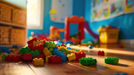 Colorful Building Blocks Scattered on Wooden Floor in a Playroom